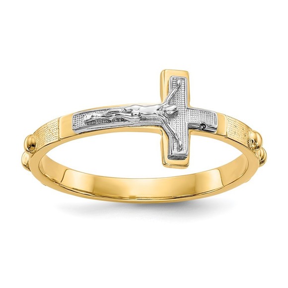 Million Charms 14k Gold Two-tone Religious Crucifix Rosary Ring